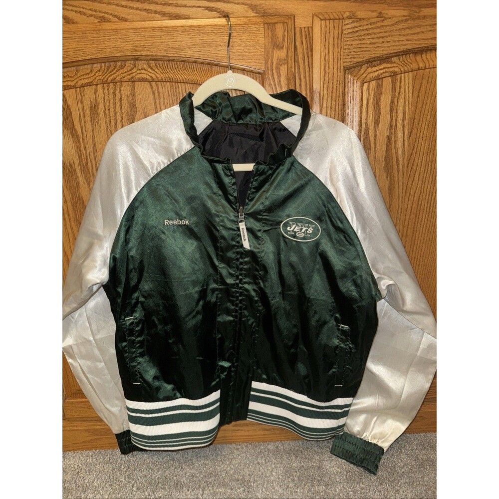 Vtg New York Jets Jacket Satin Bomber Women’s Green Reversible Reebok  Zip-Up Sm